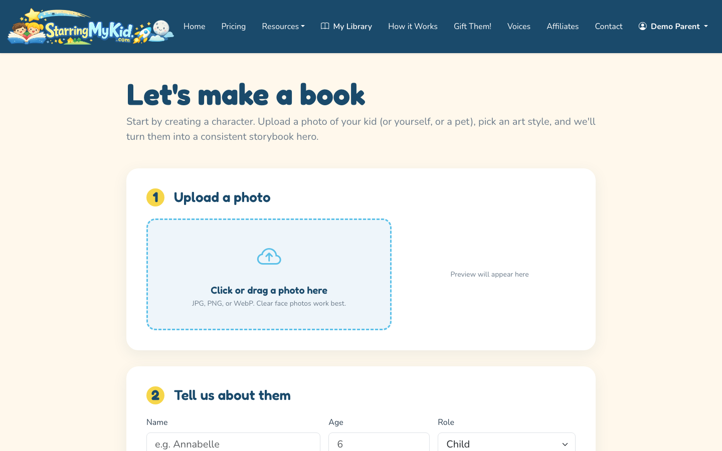 Upload the child photo, choose a theme and art style, and add co-stars in the create wizard.